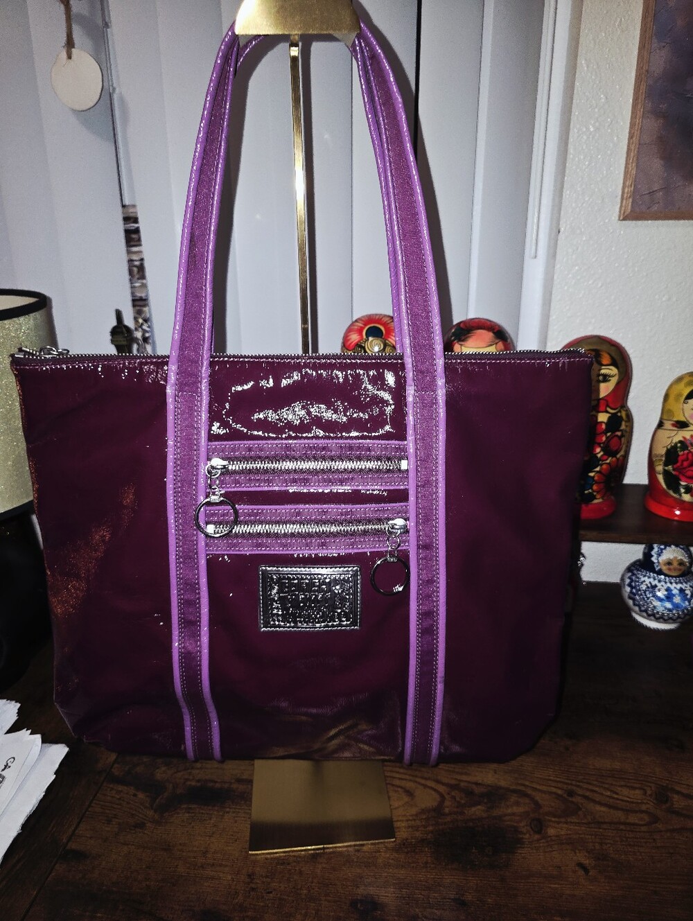 Coach Poppy Patent Glam Tote #13836 In Plum